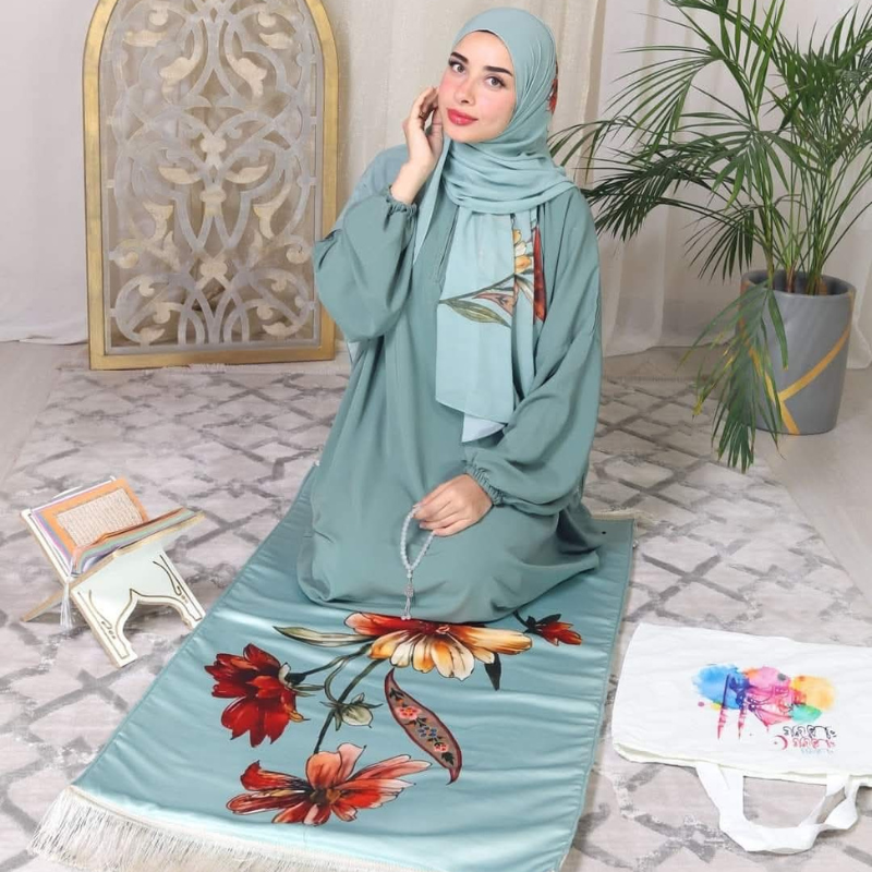3-Piece Modest Prayer Set – Hijab, Prayer Dress (Isdal) & Rug