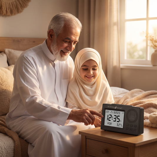 Illustrative family scene with a grandfather, granddaughter and Darlida Azan Clock
