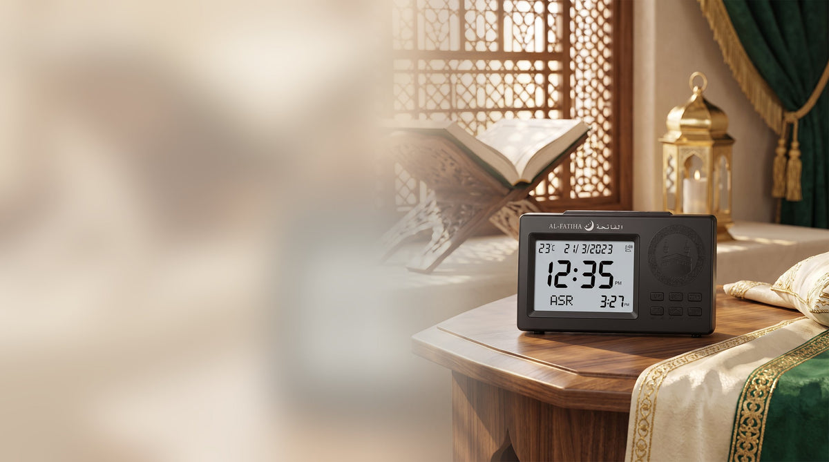 Darlida Muslim Azan Clock on a wooden table beside a Quran stand
