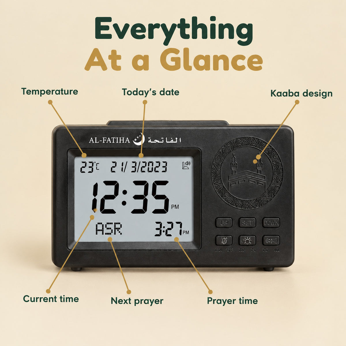 Muslim Azan Clock screen at a glance: temperature, today's date, current time, next prayer, prayer time and Kaaba design