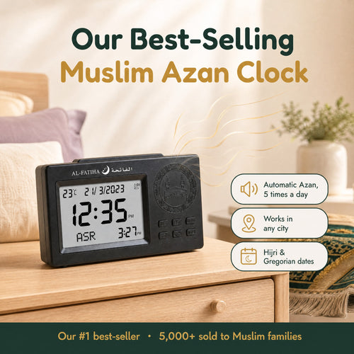 Our best-selling Muslim Azan Clock on a bedside table: automatic Azan five times a day, works in any city, Hijri and Gregorian dates