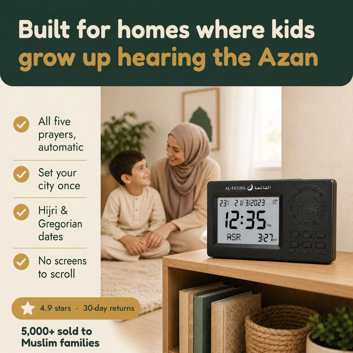 Mother and child at home with the Muslim Azan Clock: built for homes where kids grow up hearing the Azan