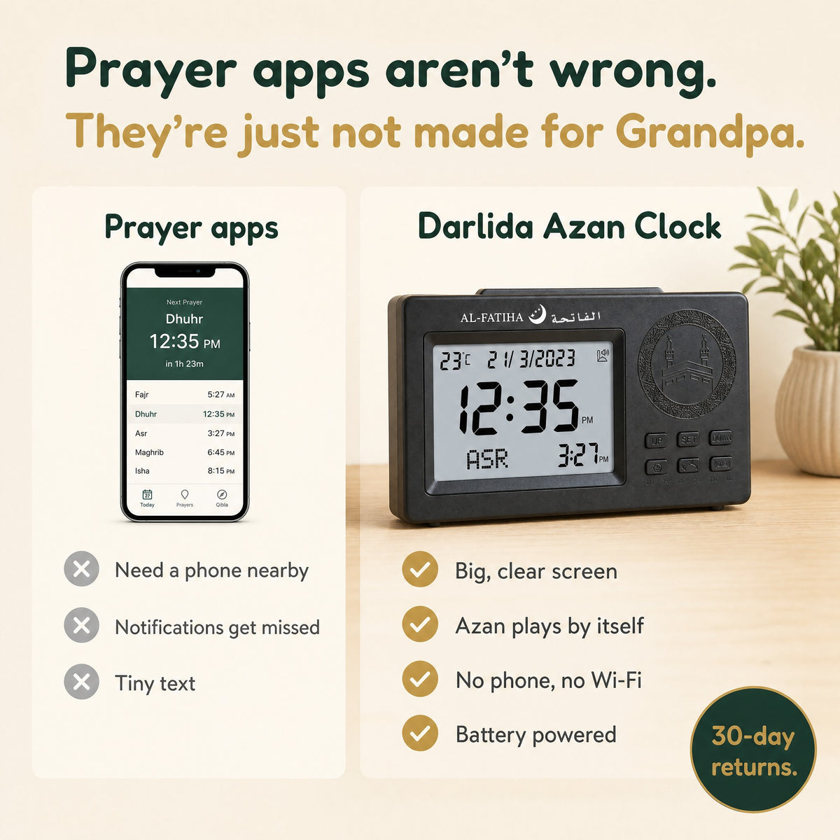 Muslim Azan Clock compared with prayer apps: big clear screen, Azan plays by itself, no phone needed, battery powered