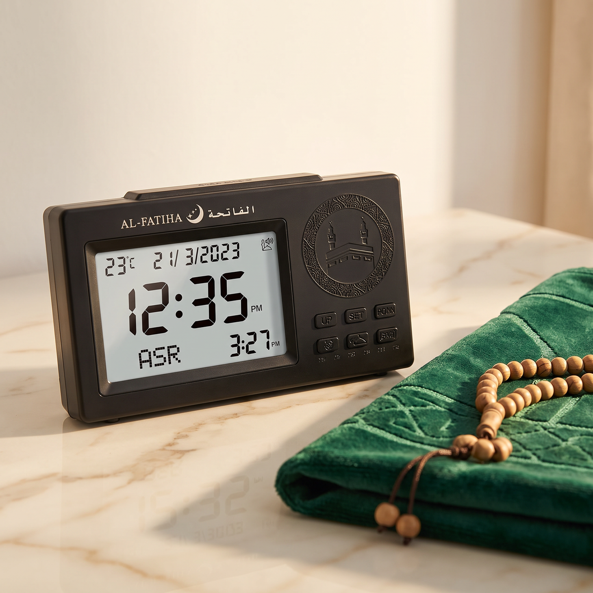 Darlida Muslim Azan Clock on a walnut table in an elegant living room