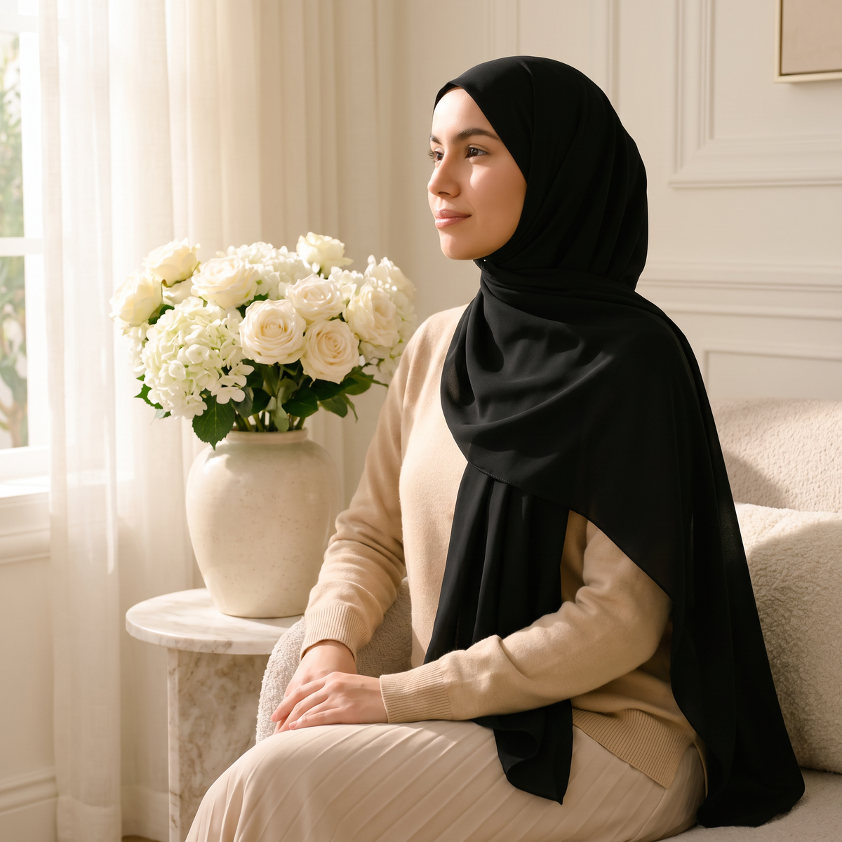 Woman wearing the Instant Elegance Scarf in black