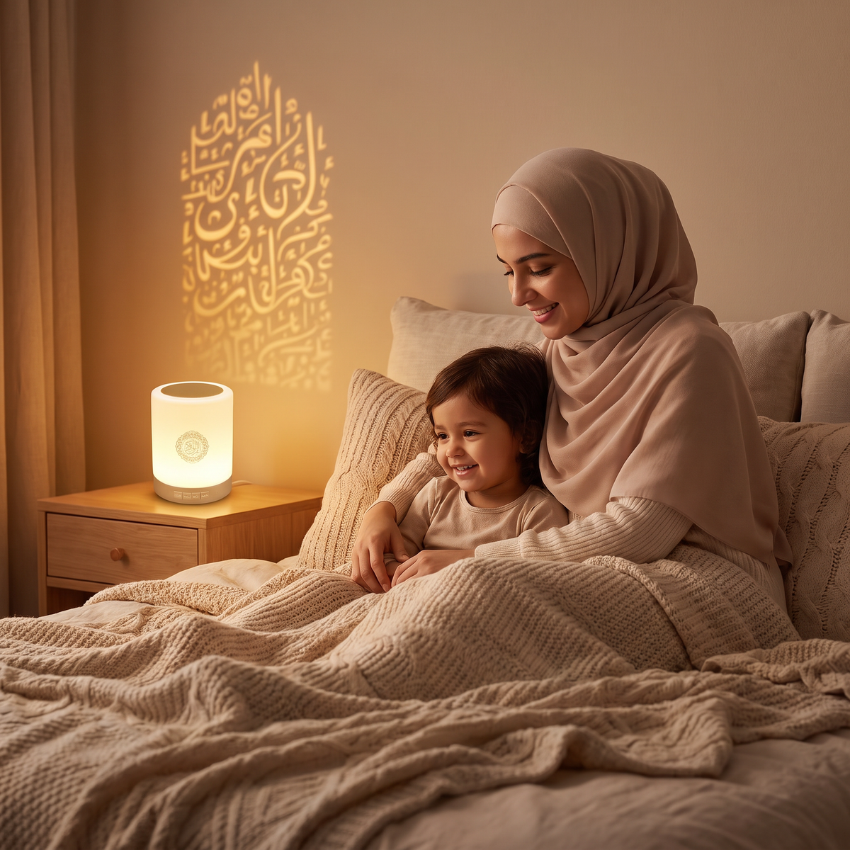 Mother and child listening to the Quran Touch Lamp