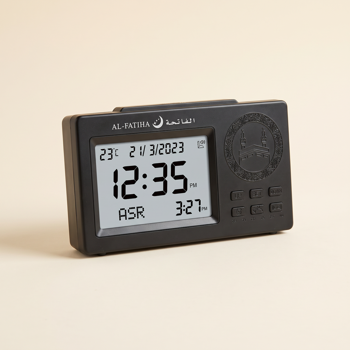 Al-Fatiha Azan clock on ivory background