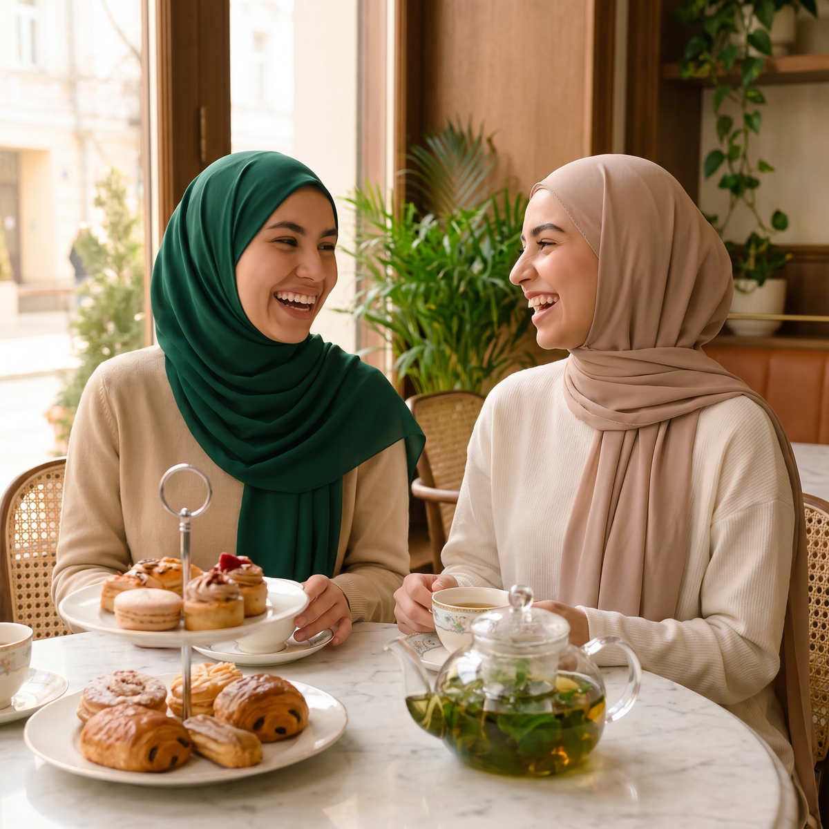 Friends wearing the Instant Elegance Scarf at a cafe