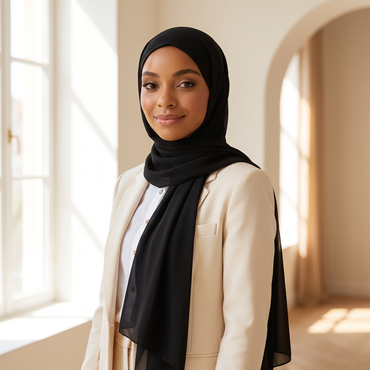 Woman wearing the Instant Chiffon Scarf in black